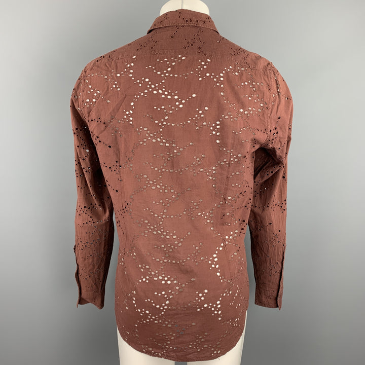 BURBERRY PRORSUM Size L Brown Eyelet Cotton Button Up Long Sleeve Shirt