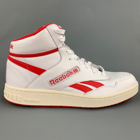 REEBOK Size 10.5 White & Red Leather High Top Sneakers