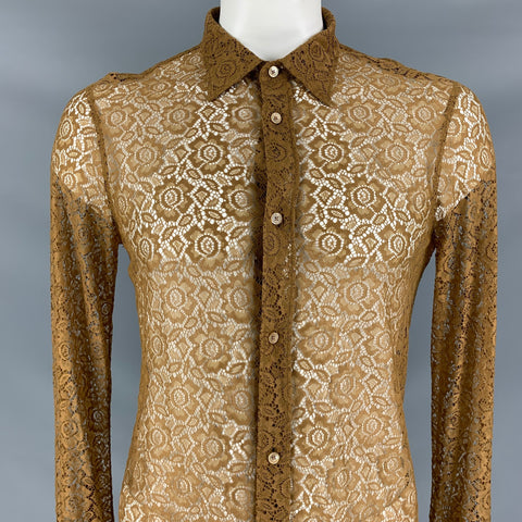 BURBERRY PRORSUM Spring 2016 Size L Brown Floral Lace Button Down Long Sleeve Shirt