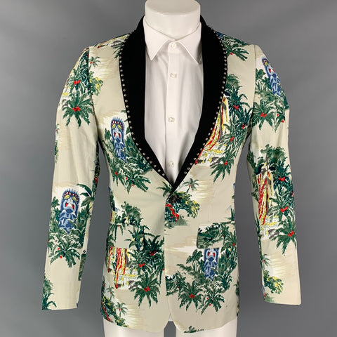R13 Size S Ivory Green Print Cotton / Silk Shawl Collar Sport Coat
