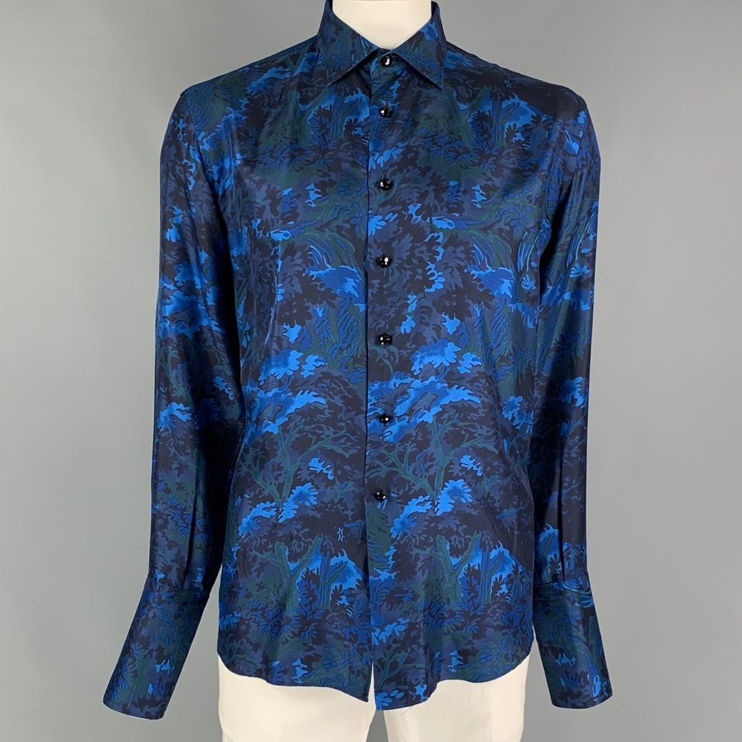 BILLIONAIRE ITALIAN COUTURE Size L Black Blue Print Silk Long Sleeve Shirt