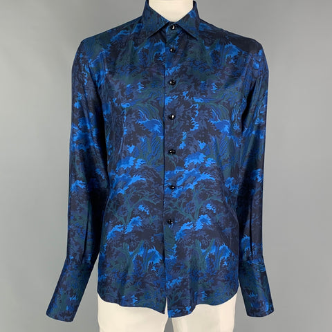 BILLIONAIRE ITALIAN COUTURE Talla L Camisa Manga Larga Seda Estampado Azul Negro