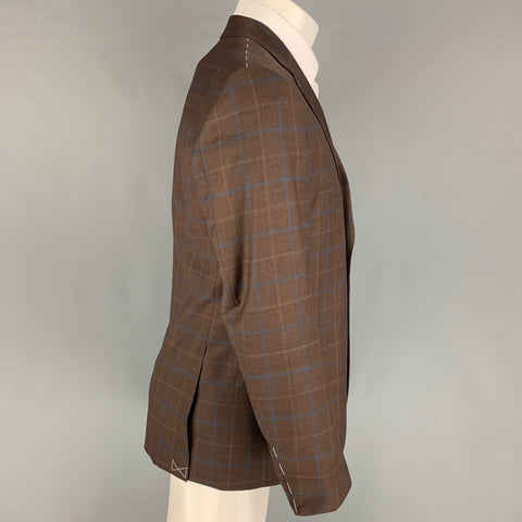 BARNEY'S NEW YORK Size 40 Brown Navy Plaid Wool Silk Sport Coat