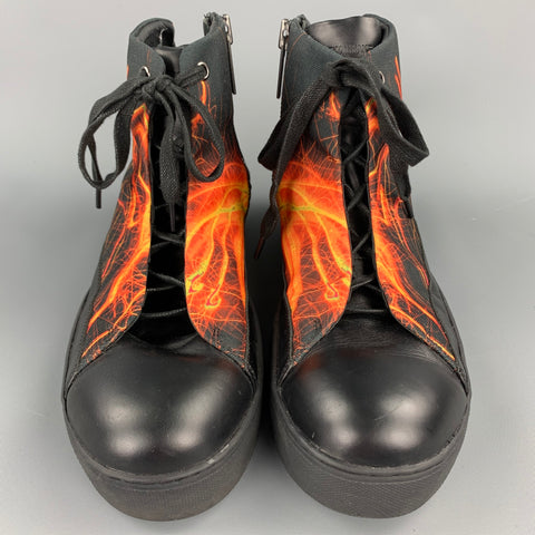 ISSEY MIYAKE Size 11 Black & Orange Print Canvas High Top Sneakers