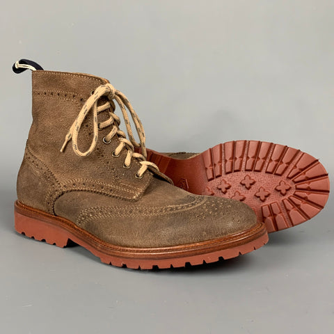 BRUNELLO CUCINELLI Vitello Size 7 Brown Perforated Suede Wingtip Ankle Boots