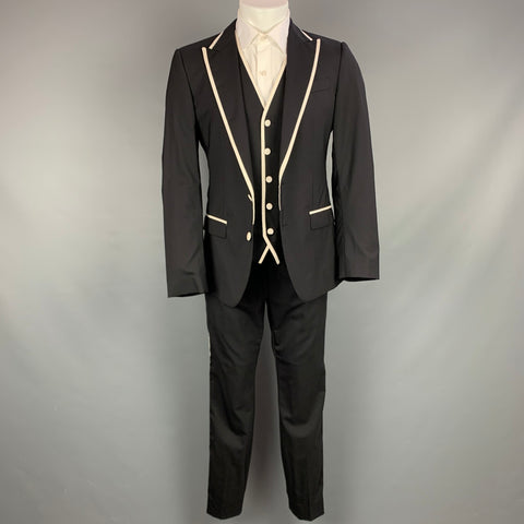 DOLCE & GABBANA Size 36 Black & White Wool Blend Peak Lapel 3 Piece Suit