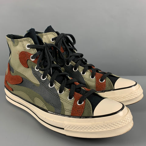 CONVERSE Size 10.5 Green Orange Camo Canvas High Top Sneakers