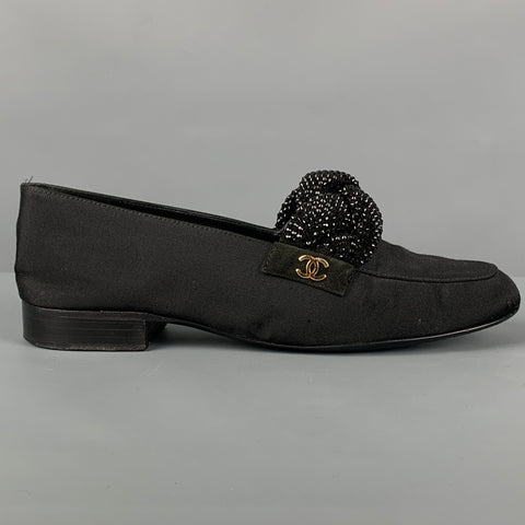 CHANEL Talla 6 Mocasines planos de tela negra con diamantes de imitación