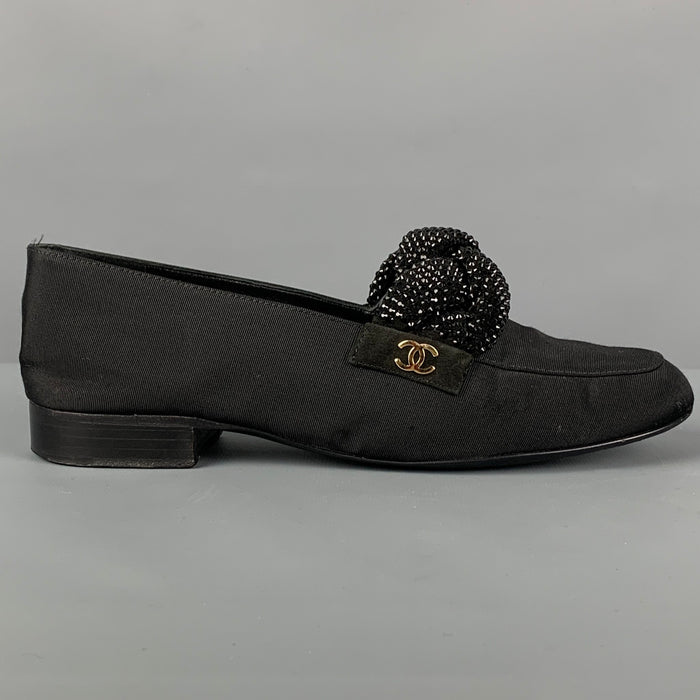 CHANEL Talla 6 Mocasines planos de tela negra con diamantes de imitación