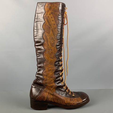 VINTAGE Taille 10 Bottes à lacets en cuirs mélangés marron beige