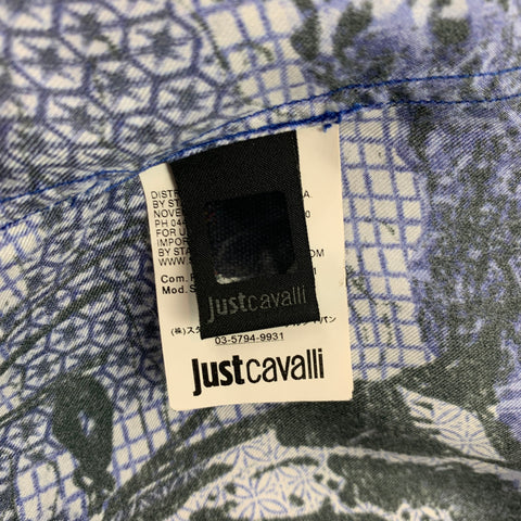 JUST CAVALLI Size L Blue & Yellow Print Silk French Cuff Long Sleeve Shirt