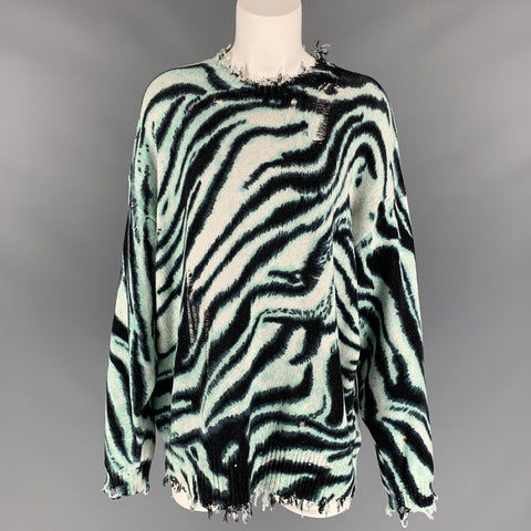 R13 Size XS Aqua & Black Zebra Print Cotton Distressed Oversized Pullover