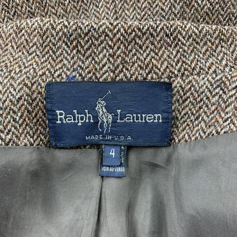 RALPH LAUREN Taille 4 Veste blazer surdimensionnée en laine à chevrons en tweed marron