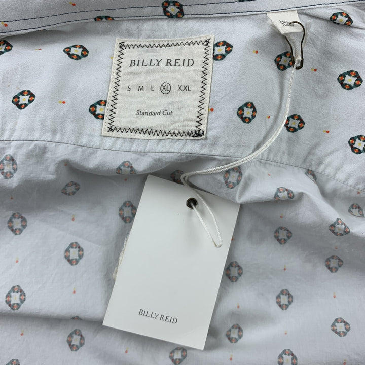 Size XL BILLY REID White Print Cotton Button Down Long Sleeve Shirt