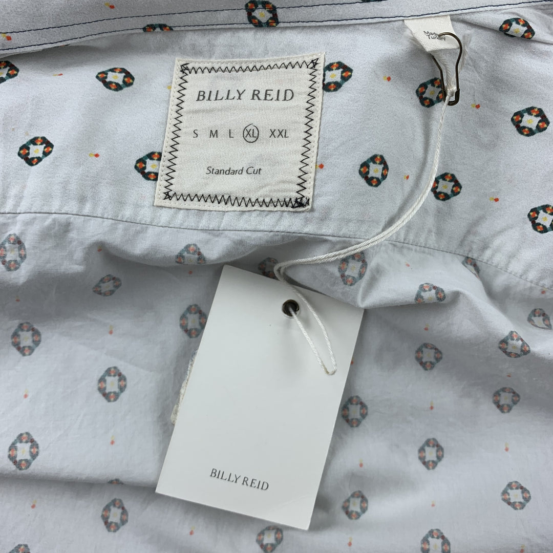 Talla XL BILLY REID Camisa blanca de manga larga con botones de algodón estampado