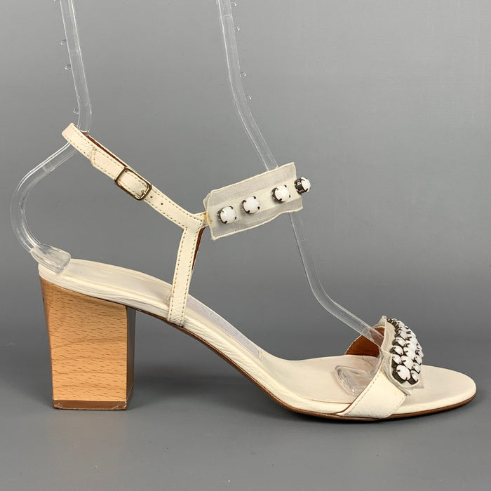 LANVIN Size 9 White Natural Rhinestone Leather Strappy Sandals