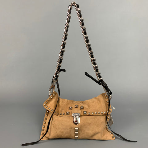 PRADA Beige & Silver Studded Suede Clutch Handbag