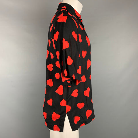 SANDRO Size L Black & Red Heart Print Viscose Button Up Short Sleeve Shirt