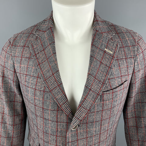 GANT RUGGER Size 38 Gray & Red Plaid Wool / Polyester Notch Lapel Sport Coat