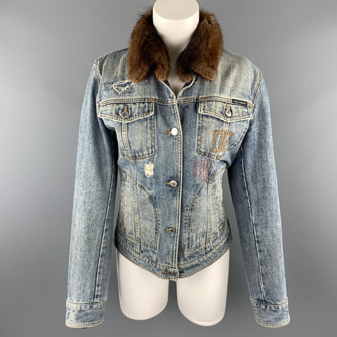 DOLCE & GABBANA Size 10 Blue Denim Fur Collar Trucker Jacket