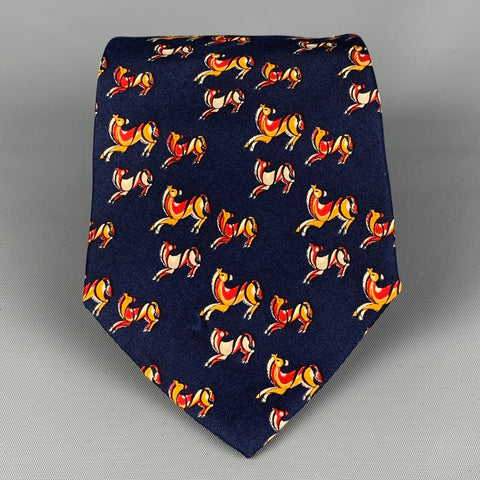 SALVATORE FERRAGAMO Navy Red Yellow Horse Print Silk Tie