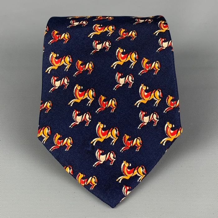 SALVATORE FERRAGAMO Navy Red Yellow Horse Print Silk Tie