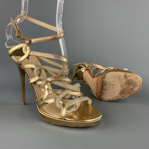 JIMMY CHOO Size 9 Gold Sparkle Leather Strappy Metal Heel Sandals