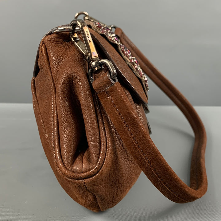 PRADA Brown Red Leather Rhinestones Handbag