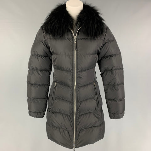 PRADA Size 2 Black Nylon Fox Collar Coat