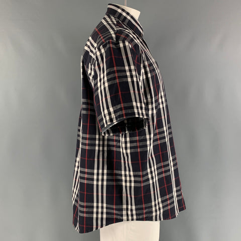 BURBERRY Size L Navy White & Red Plaid Cotton Button Down Short Sleeve Shirt