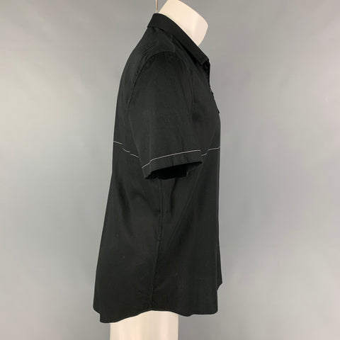 EMPORIO ARMANI Size L Black White Stripe Cotton Zip Up Short Sleeve Shirt