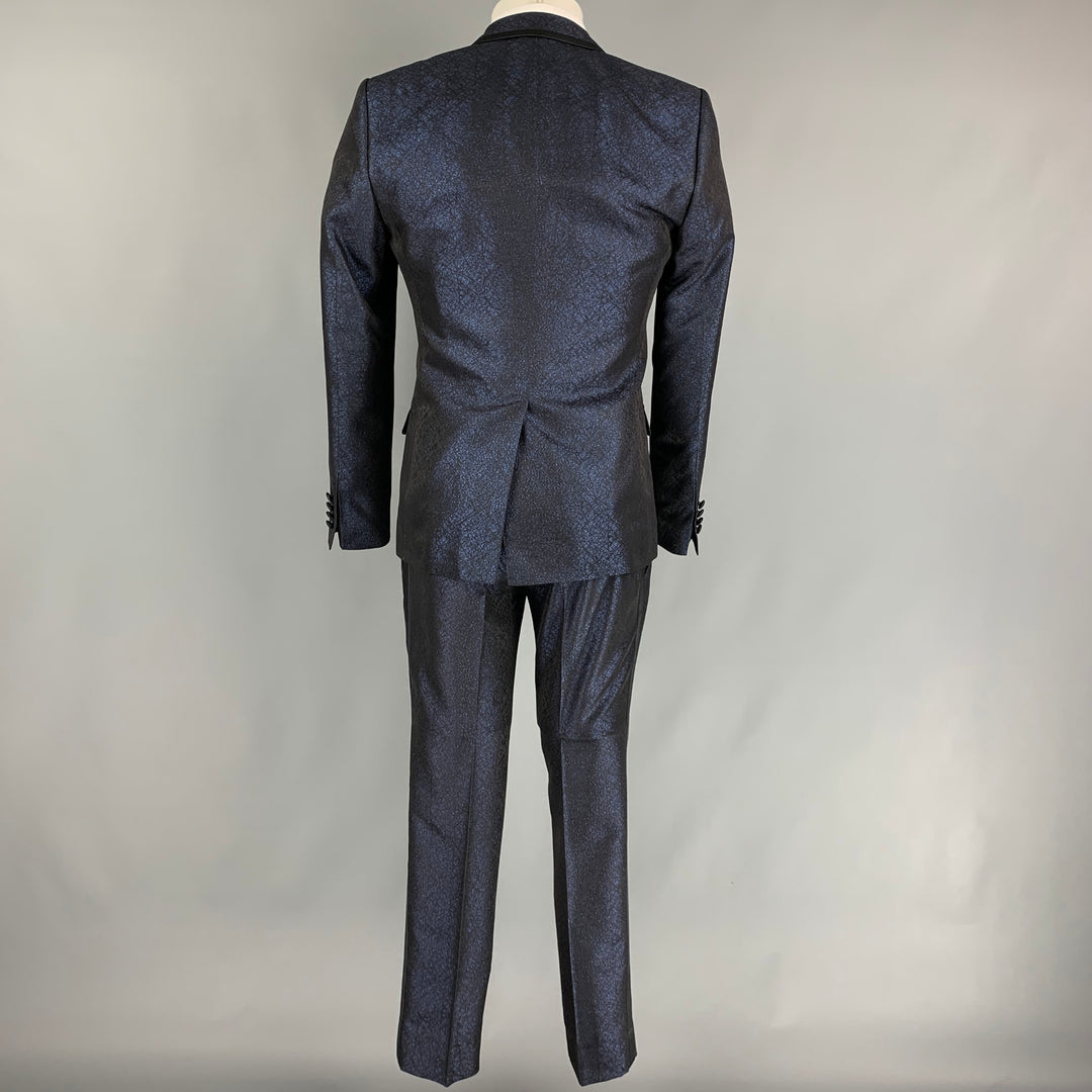 DOLCE & GABBANA Size 38 Regular Dark Blue & Black Sparkle Polyester / Viscose 3 Piece Tuxedo Suit