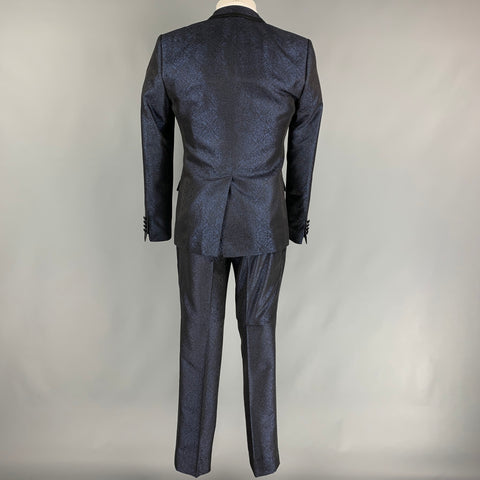 DOLCE & GABBANA Size 38 Regular Dark Blue & Black Sparkle Polyester / Viscose 3 Piece Tuxedo Suit