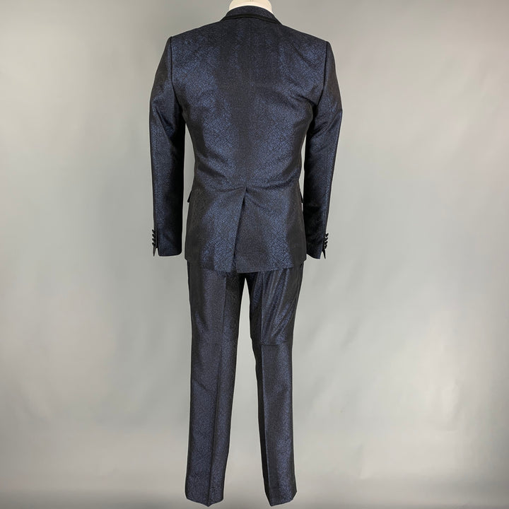 DOLCE & GABBANA Size 38 Regular Dark Blue & Black Sparkle Polyester / Viscose 3 Piece Tuxedo Suit