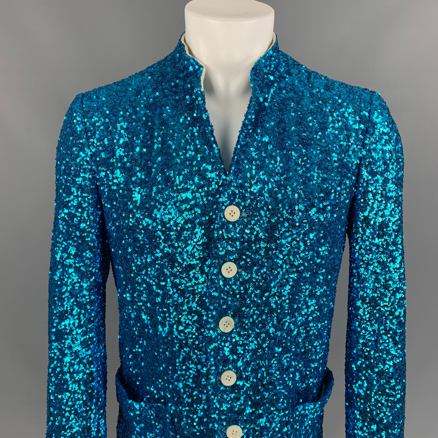 COMME des GARCONS HOMME PLUS SS 18 Size S Aqua Sequined Polyester Blend  Jacket