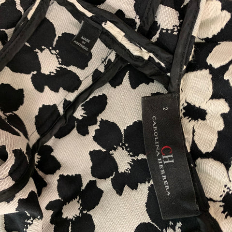 CAROLINA HERRERA Black & White Cotton Blend Floral Mid-Calf Dress