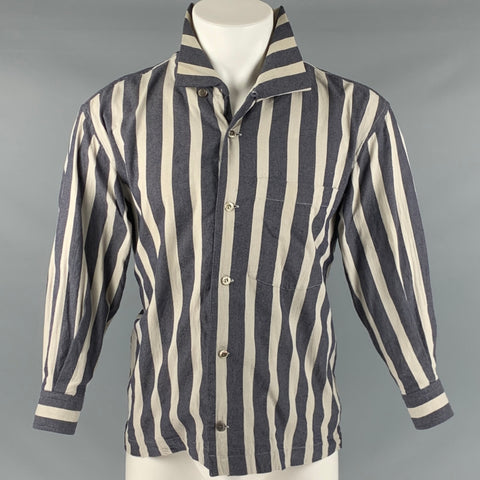 ISSEY MIYAKE Size S Grey Navy Stripe Cotton 3/4 Sleeves Long Sleeve Shirt