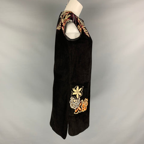 ETRO Taille 4 Robe à manches courtes en peau de chèvre brodée en daim multicolore noir