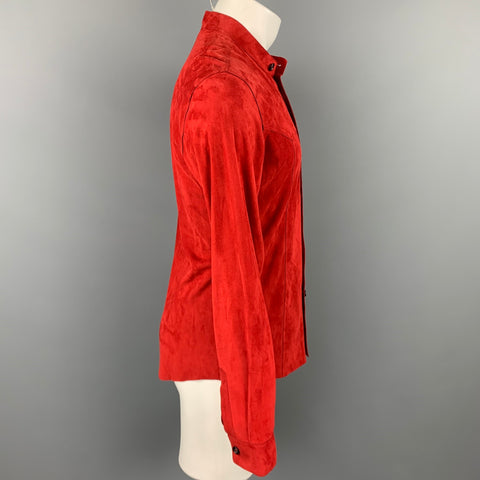 JIL SANDER Size XS Red Suede Nehru Collar Long Sleeve Shirt