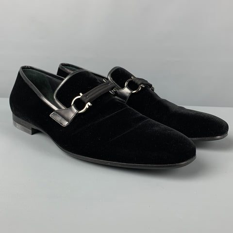 SALVATORE FERRAGAMO Size 12 Black Velvet Leather Trim Lapo Loafers