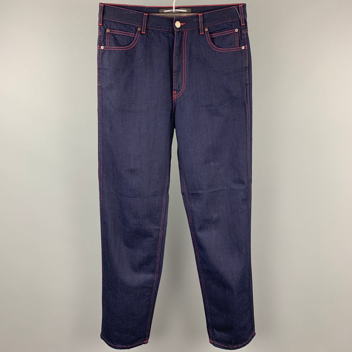 CALVIN KLEIN 205W39NYC by RAF SIMONS Size 32 Navy Contrast Stitch Cotton Zip Fly Jeans