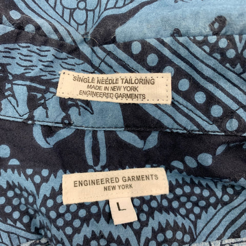 ENGINEERED GARMENTS Size L Navy & Blue Print Cotton Short Sleeve Shirt