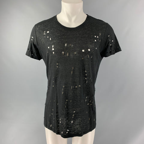 IRO Size S Black Distressed Linen Crew-Neck T-shirt