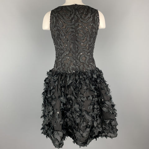 OSCAR DE LA RENTA 6 Black Sequin Mesh Silk Bows Buubble Skirt Cocktail Dress