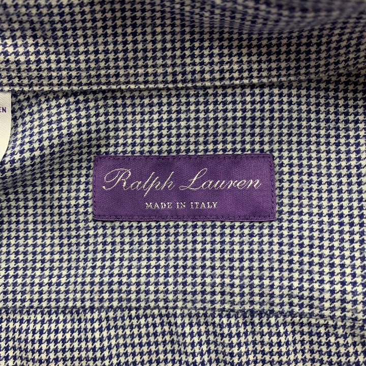 RALPH LAUREN Purple Label Size S Navy & White Houndstooth Cotton Button Up Long Sleeve Shirt