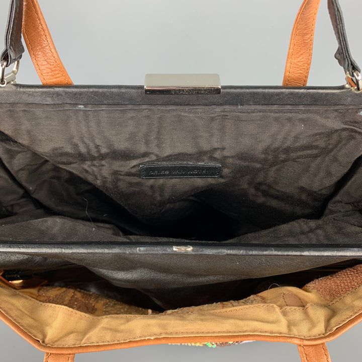 DRIES VAN NOTEN Tan Embroidered Detachable Black Leather Shoulder Combo Handbag-Clutch