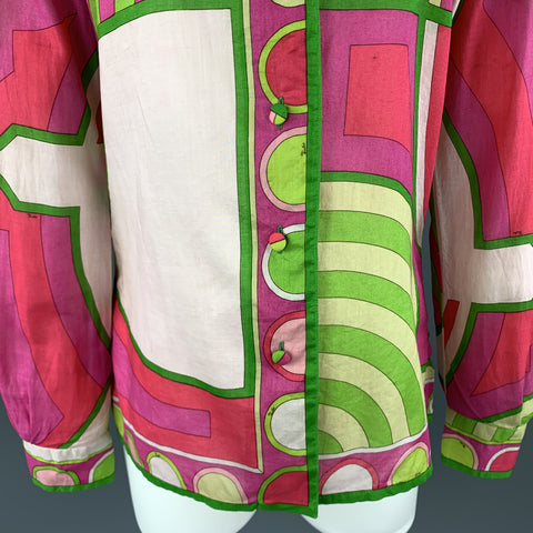 EMILIO PUCCI Vintage Size M Fuchsia & Green Print Cotton Spread Collar Blouse