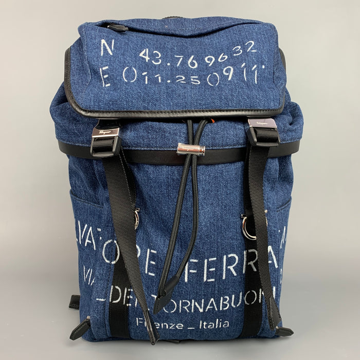 SALVATORE FERRAGAMO Indigo Print Denim Leather Trim Backpack