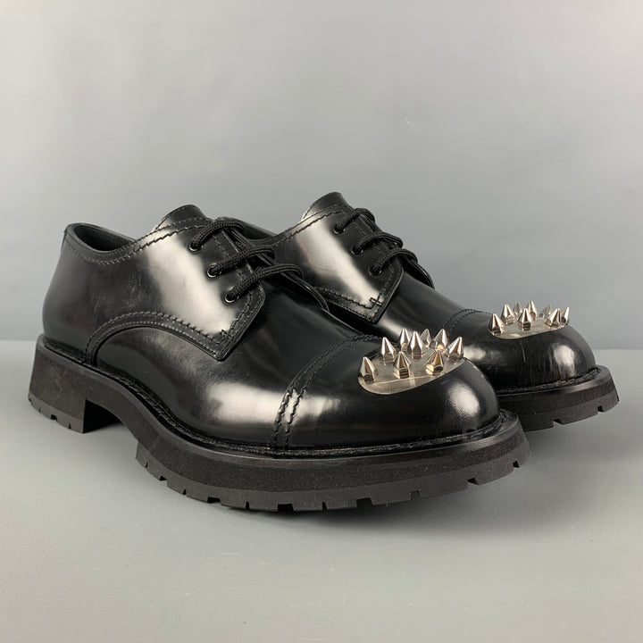 ALEXANDER MCQUEEN Size 12 Black Silver Spikes Leather Lace Up Shoes