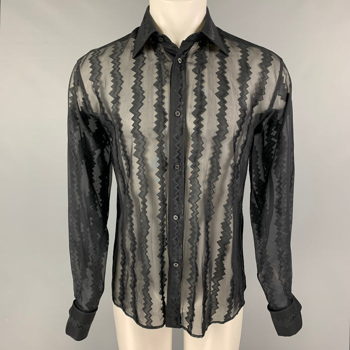 GUCCI by Tom Ford Spring-Summer 2000 Size M Black Zig Zag Silk Acetate French Cuff Shirt